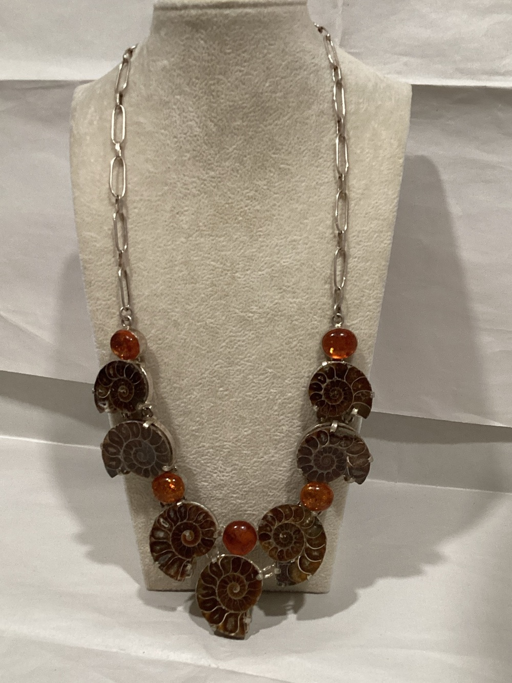 Handcrafted Ammonite and Amber Bead Statement Necklace - Brown and Amber